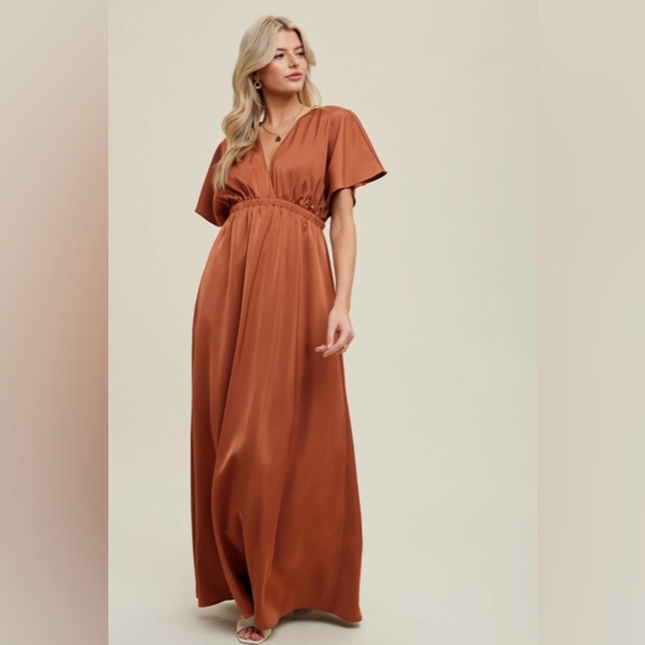 Deep-V Flutter Sleeve Satin Maxi Dress Copper Brown - Picture 3 of 4